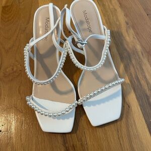 White Strappy Heels with Pearl Embellishments